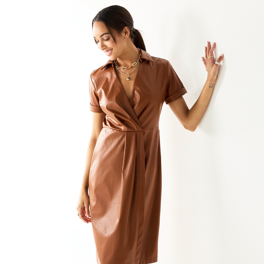Nine West NEW Faux-Leather Cognac Brown Midi Dress NWT
